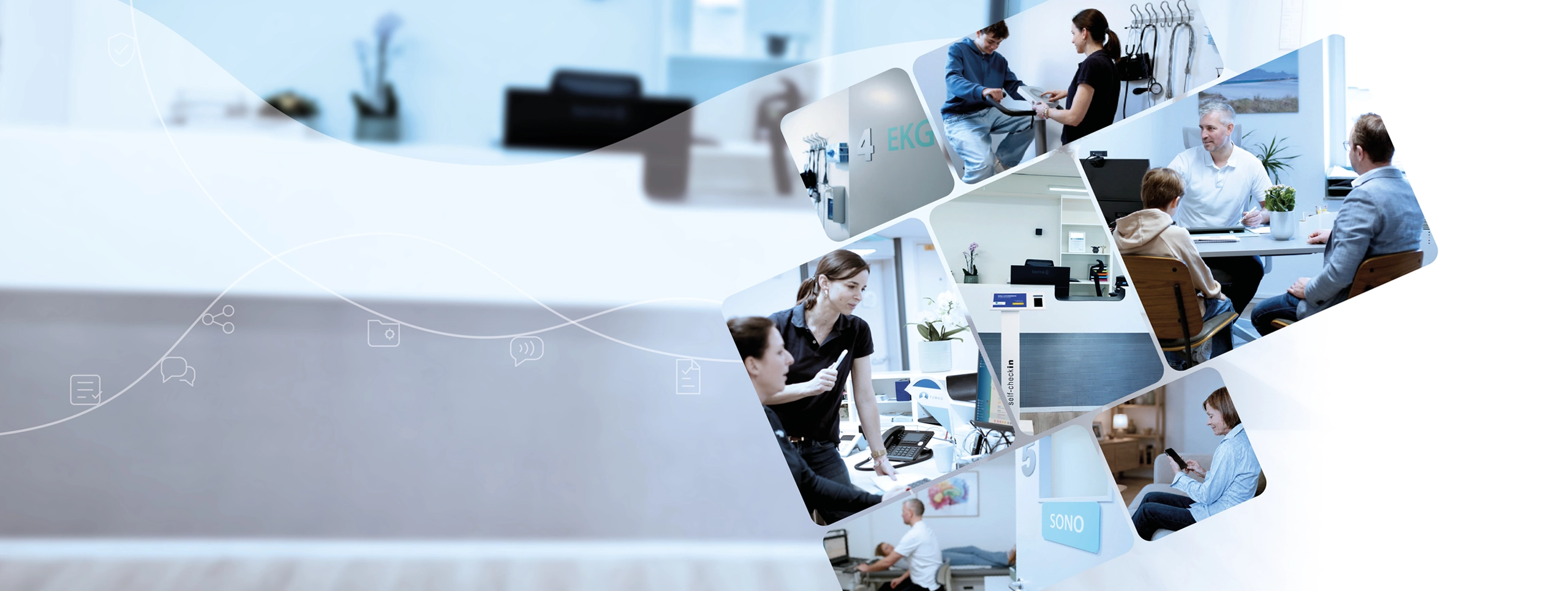 Geometric collage of clinic scenes: staff with patients, computers, and check‑in kiosk in a modern healthcare setting.